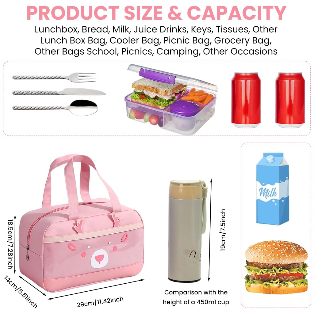 Zibuyu Insulated Lunch Bag for School and Travel with Thermal Lining 23×14×24.5 cm | Pink Reindeer Design