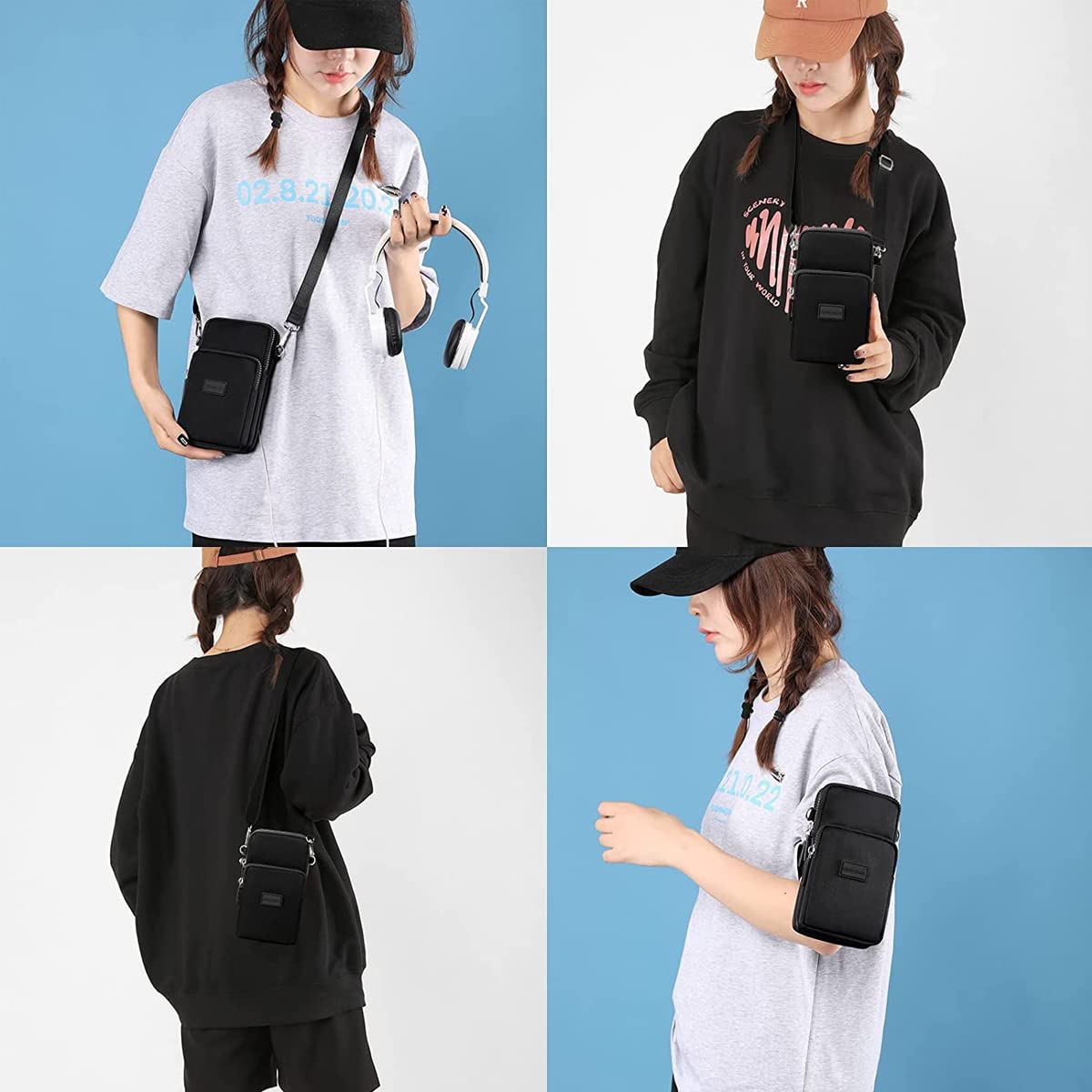 PALAY Small Crossbody Phone Bag for Women with 3 Zipper Layers 19×10×6 cm Oxford Cloth Black