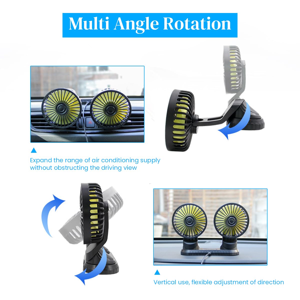 STHIRA Car Fan for Dashboard with Dual Head USB Design and 3 Speed LED Control | Plug & Play