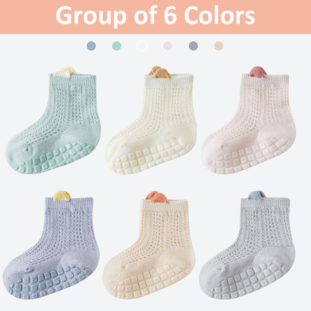 SNOWIE SOFT Baby Socks Set for 0–18 Months with 6 Pairs Breathable Cotton and Anti Slip Grip | Cute Cartoon Design for Boys and Girls