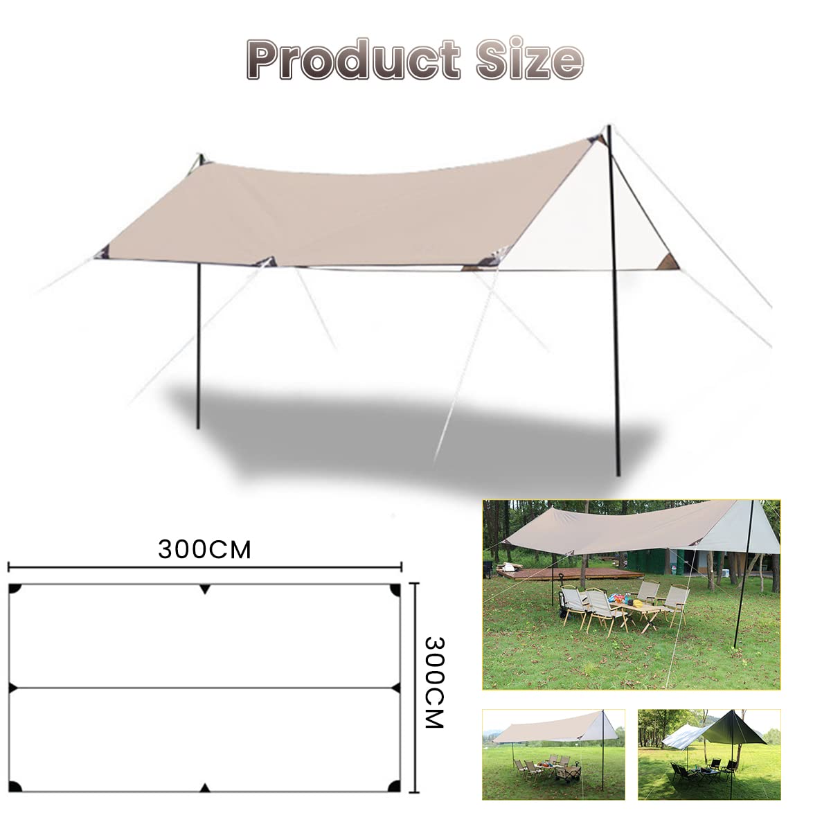 Proberos® 3 * 3m Canopy Tent Kit for Outdoor Camping, Waterproof Gazebo with Assembly Accessories, UPF 50+ Sunshade Camping Tent for Camping, BBQ, RV Travel, Picnic