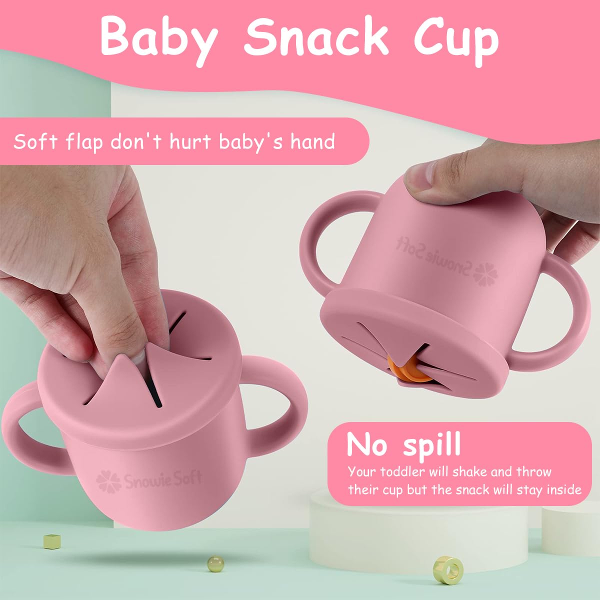 SNOWIE SOFT Silicone Sippy Cup for 6–12 Months with Teether Straw and Draining Lid | Pink