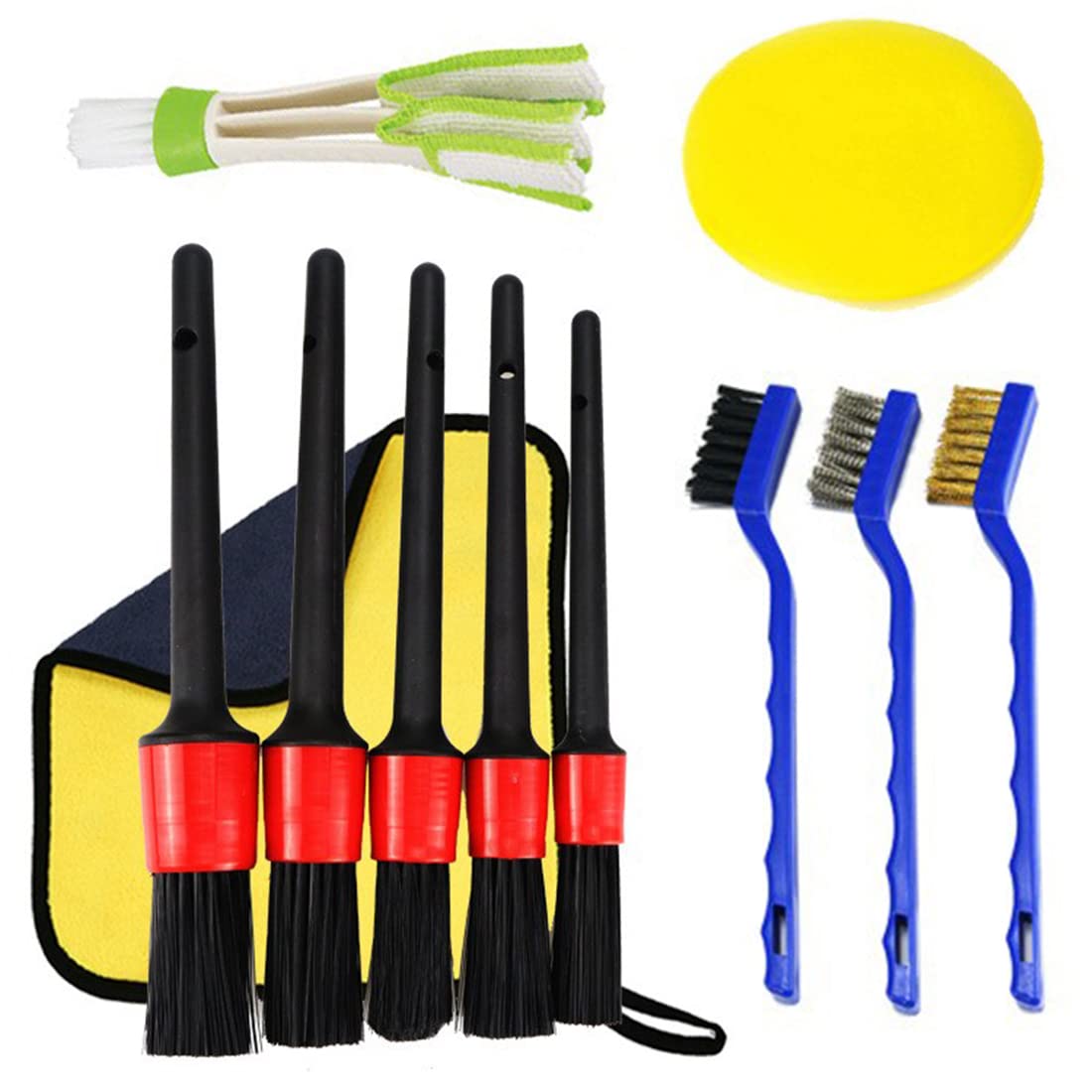 ELEPHANTBOAT® 11 Pcs Car Cleaning Brush Set with 5 Pcs Different Size Detail Car Brushs,3 Pcs Wire Brushes,1Pcs Wash Towel,1Pcs Wax Applicator Pads,1Pcs Air Vents Cleaning Brush