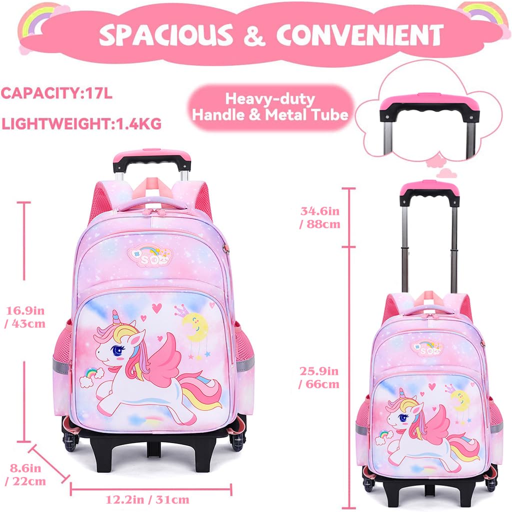 FANCYKU School Bags for Girls Kids Unicorn Bags for Girls School Bags on Wheel Detachable Wheel Stand Gift School Bag
