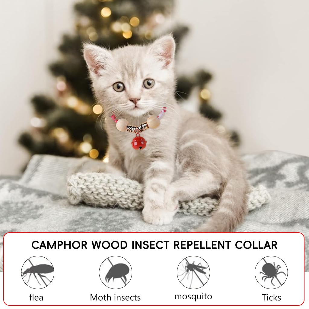 Qpets® Cat Collar with Red Bell, Cute Cat Collar Adjustable Cat Collar Flea Prevention Cat Collar Natural Pet Friendly Camphor Wood Balls