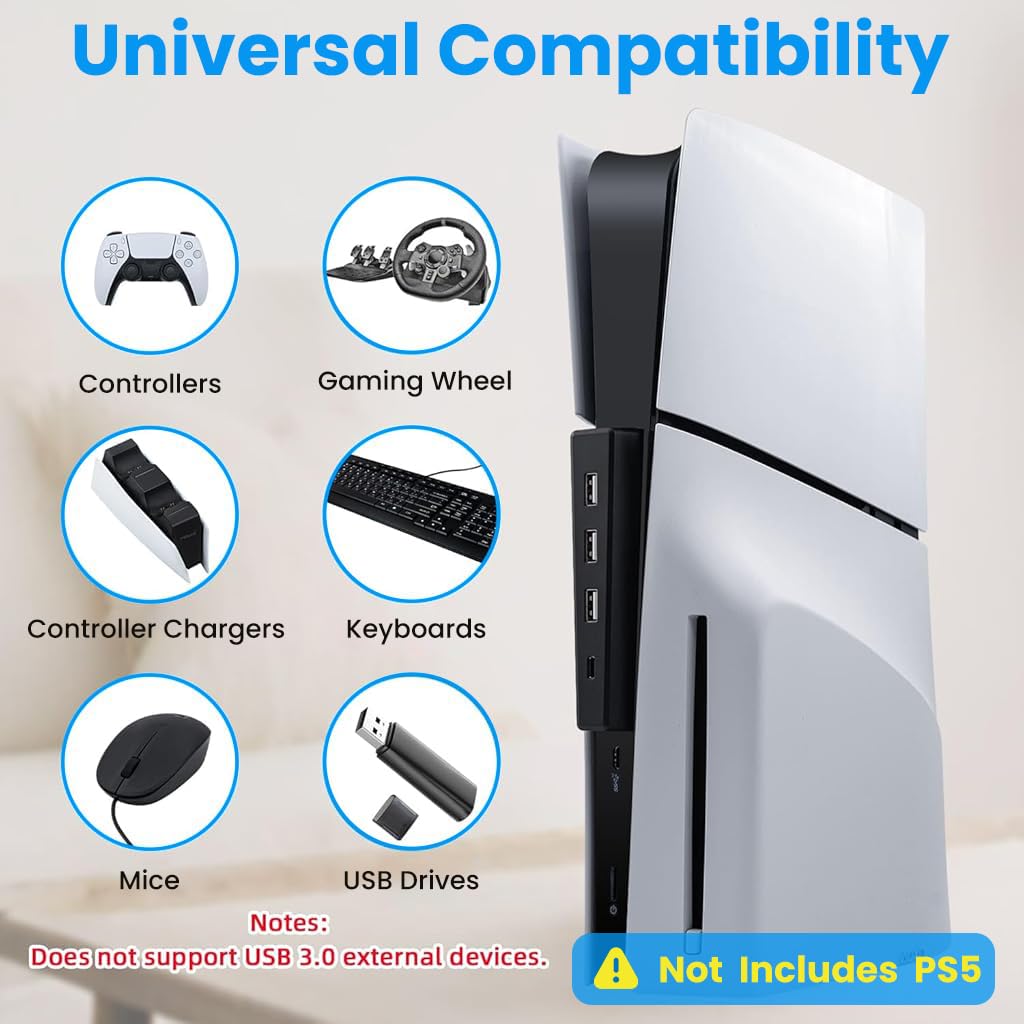 ZORBES USB Hub for PS5 Slim and PS5 Pro with 4 Ports and Stable Type C Connection | Black