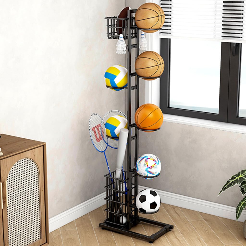 Proberos Ball Stand Organizer for Multi Sport Storage with 7 Brackets and Basket featuring Suction Cup Base | 1.2mm Carbon Steel Frame