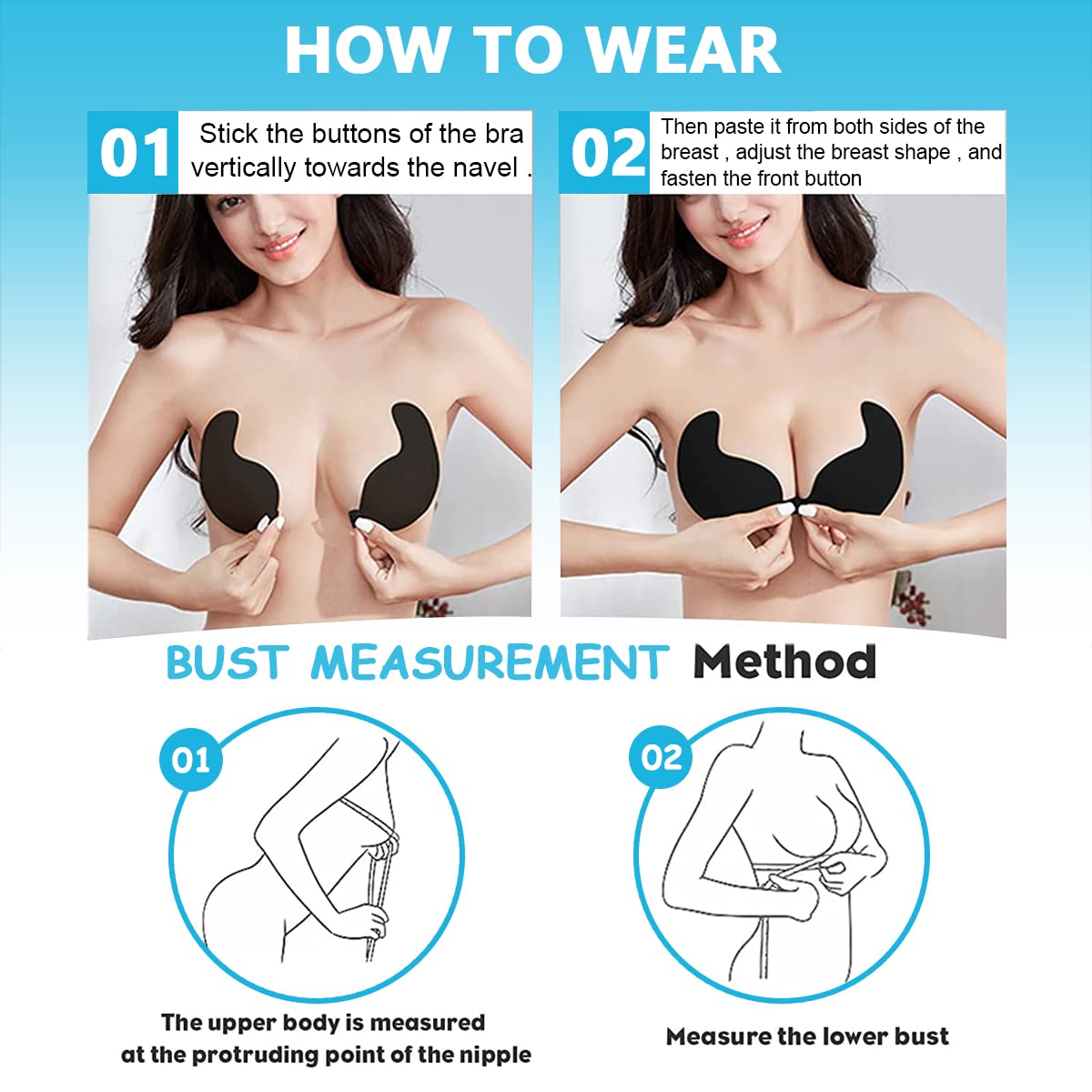 MAYCREATE® 1 Pair Silicone Wire Free Stick-On Bra Padded, Adhesive Bra Strapless Silicone Invisible Push Up Reusable Self Sticky Bra for Backless Dress Stick on Bra, Black, C