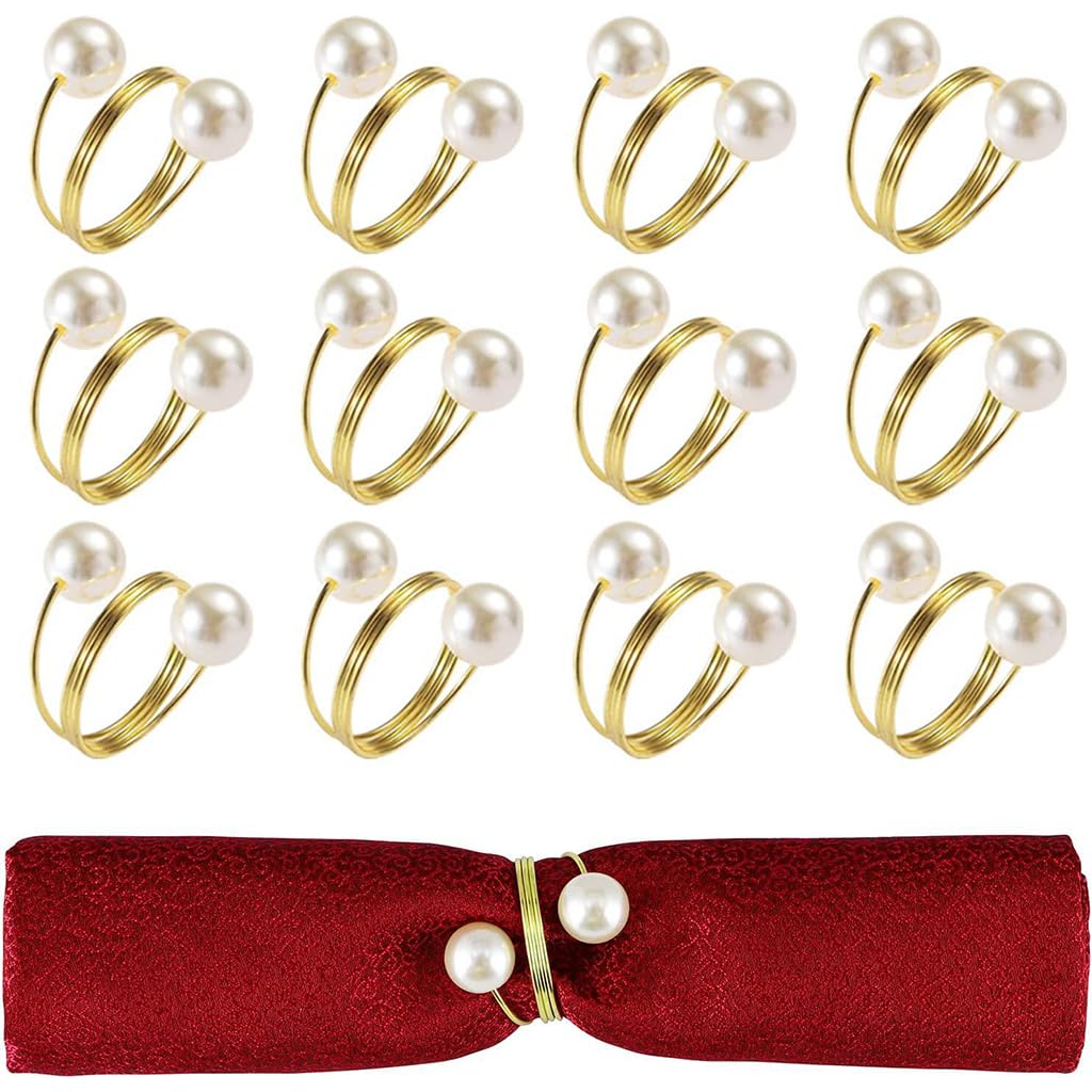 HASTHIP Napkin Rings for Weddings and Holiday Dinners with Faux Pearl Charms | Set of 6 Gold Wire Holders