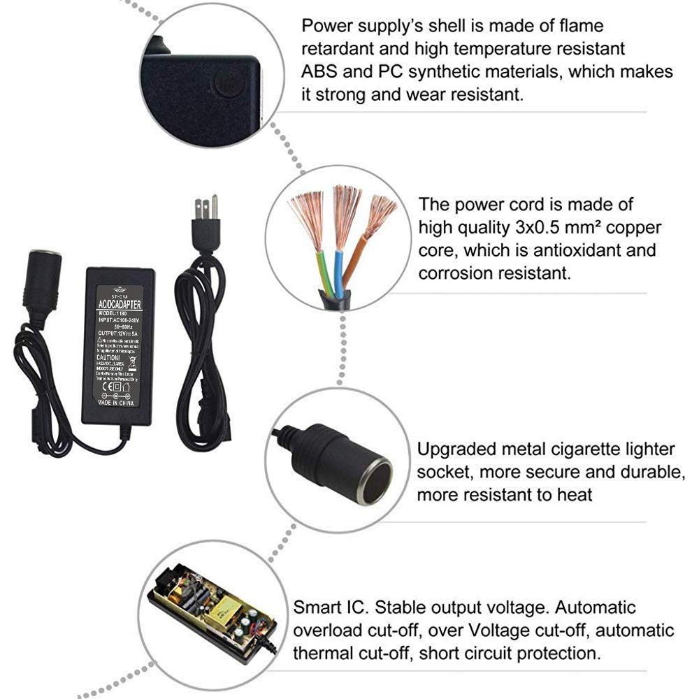 STHIRA  AC to DC Converter 12V 5A 60W 110-220V to 12V Car Cigarette Lighter Socket AC/DC Power Adapter Power Supply for Car Vacuum Cleaner Car Fan Car Air Purifier Car MP3 Other Car Devices Under 60W