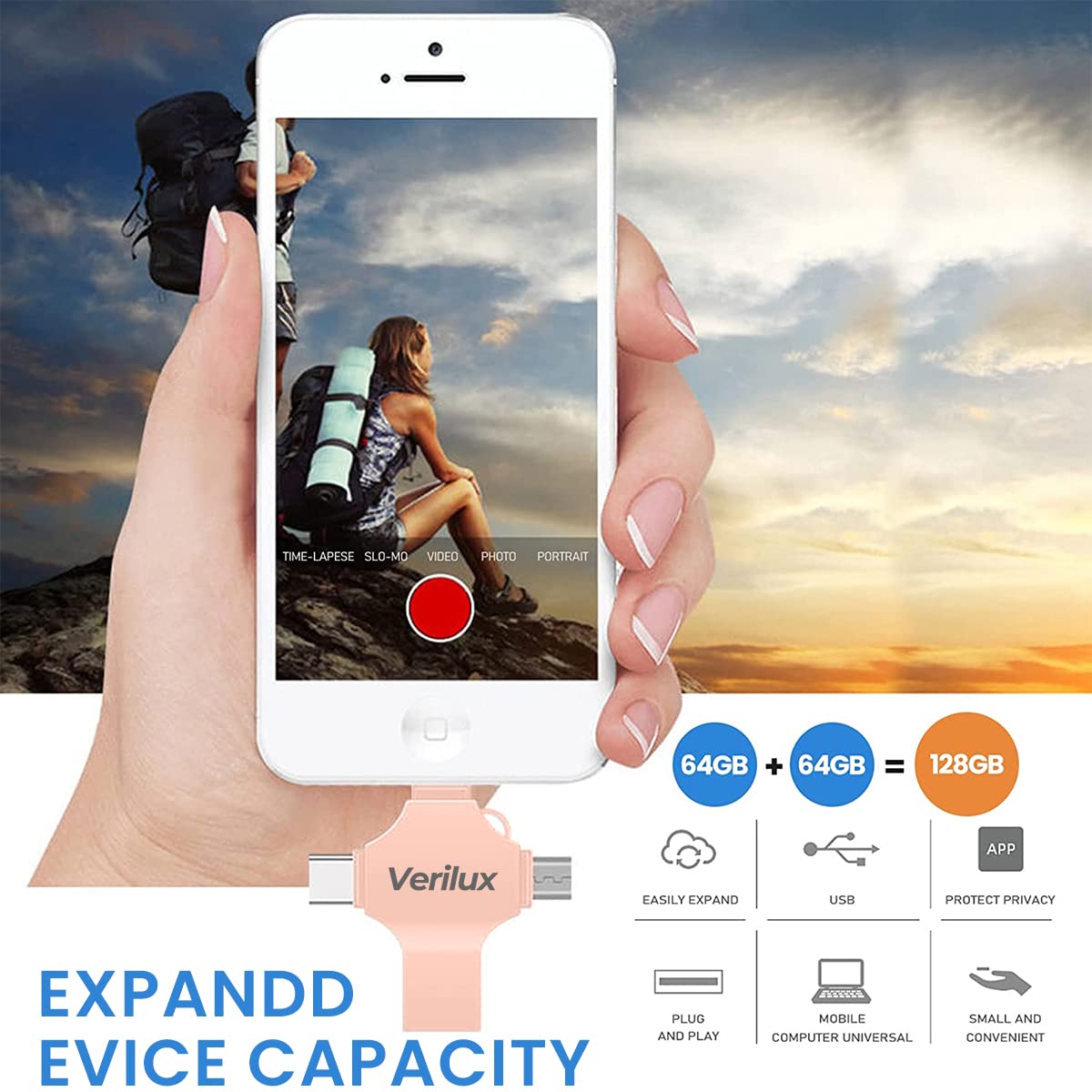 Verilux Flash Drive 64GB for Phone Pad and PC with 4 in 1 USB Type C Lightning | Rose Gold