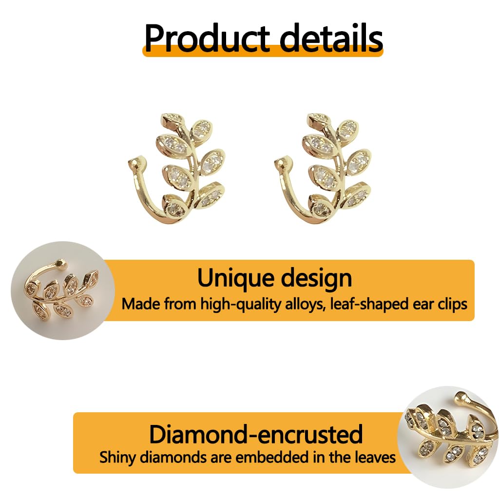 ZIBUYU Crystal Leaf Ear Cuffs for Women featuring No Piercing Clip Design and Gold Rhinestones