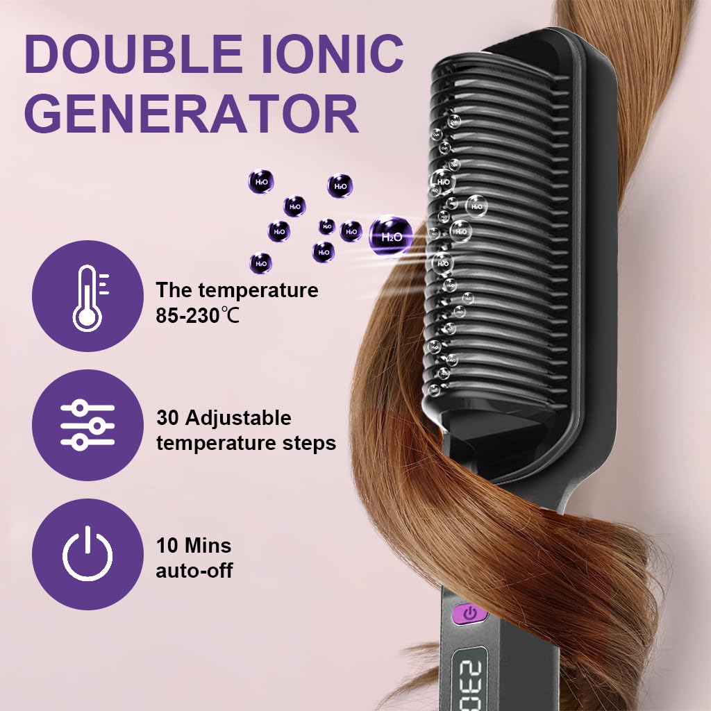 HANNEA Hair Straightener Brush with 24 Heated Teeth and PTC Heating | 80–230°C LCD Adjustable for Women
