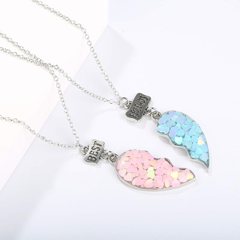 ZIBUYU® Best Friends Pendant Silver Alloy Resin Half Heart Necklace Set BFF Friendship Jewelry for Girls Charm Gift Sisters Pink Blue 6PCS