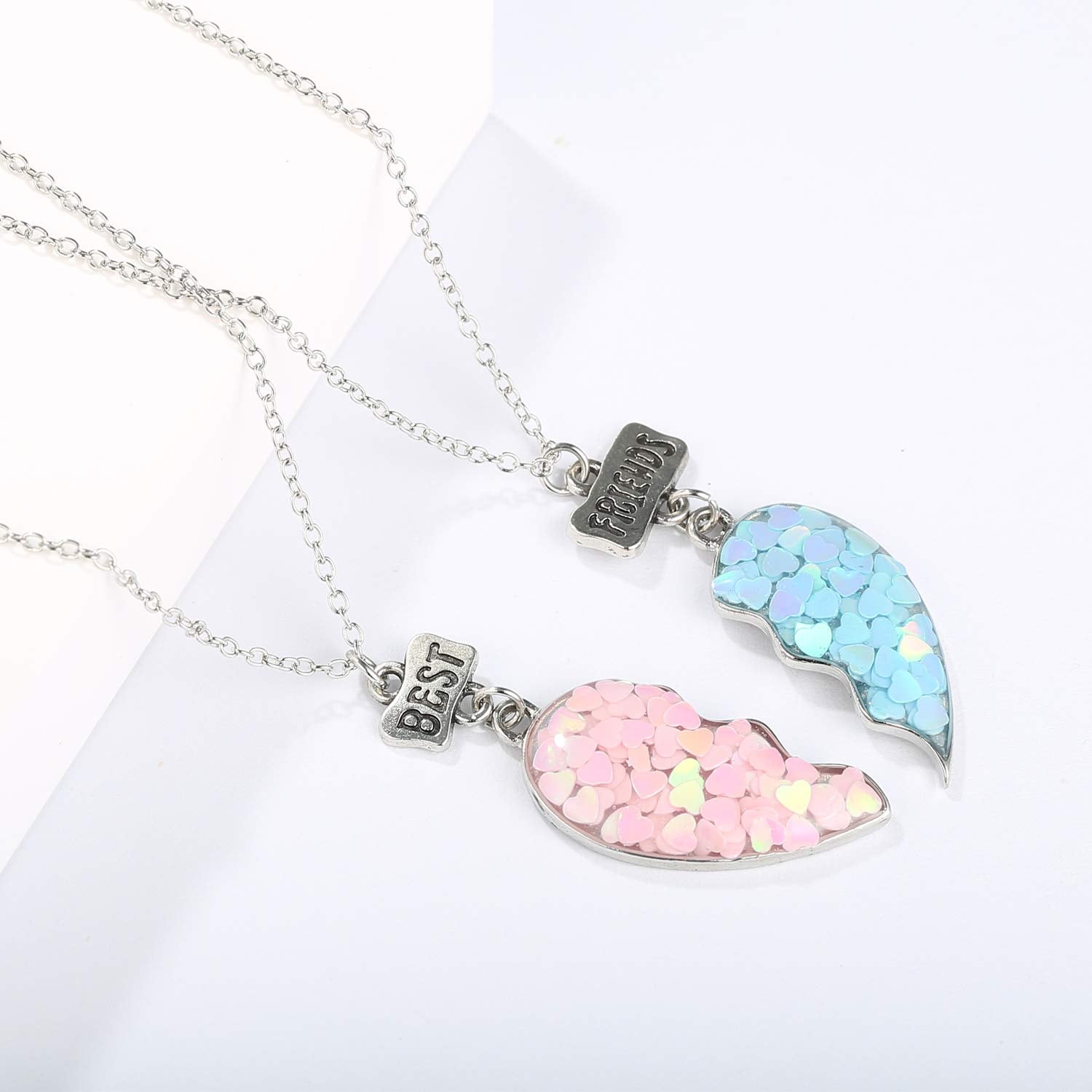 Zibuyu Best Friends Pendant Necklace Set for Girls featuring Pink and Blue Half Heart 6PCS