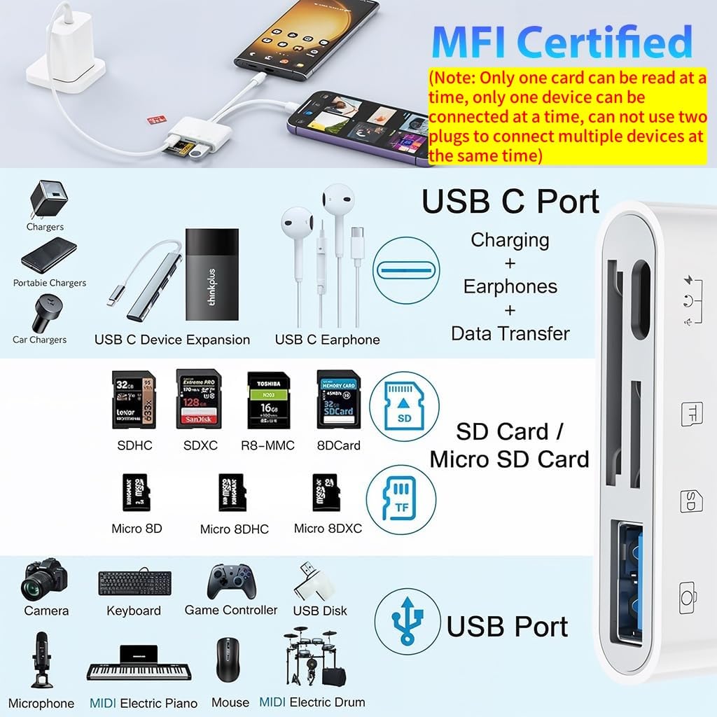 Verilux Multi Card Reader for iPhone featuring 4 in 2 USB C Lightning Ports | Supports Fast Charging