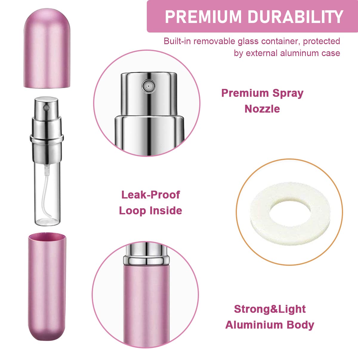 MAYCREATE Perfume Atomiser for Travel with Fine Mist Nozzle and 5ml Refillable Glass Sprayer | Pink and Black