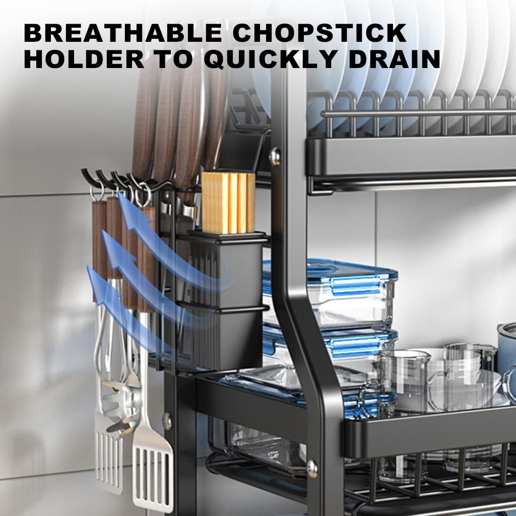 HASTHIP Kitchen Dish Drying Rack with Triple Layer Storage and Water Tray 65x63x26cm | Carbon Steel Organizer for Plates Cups and Cutlery