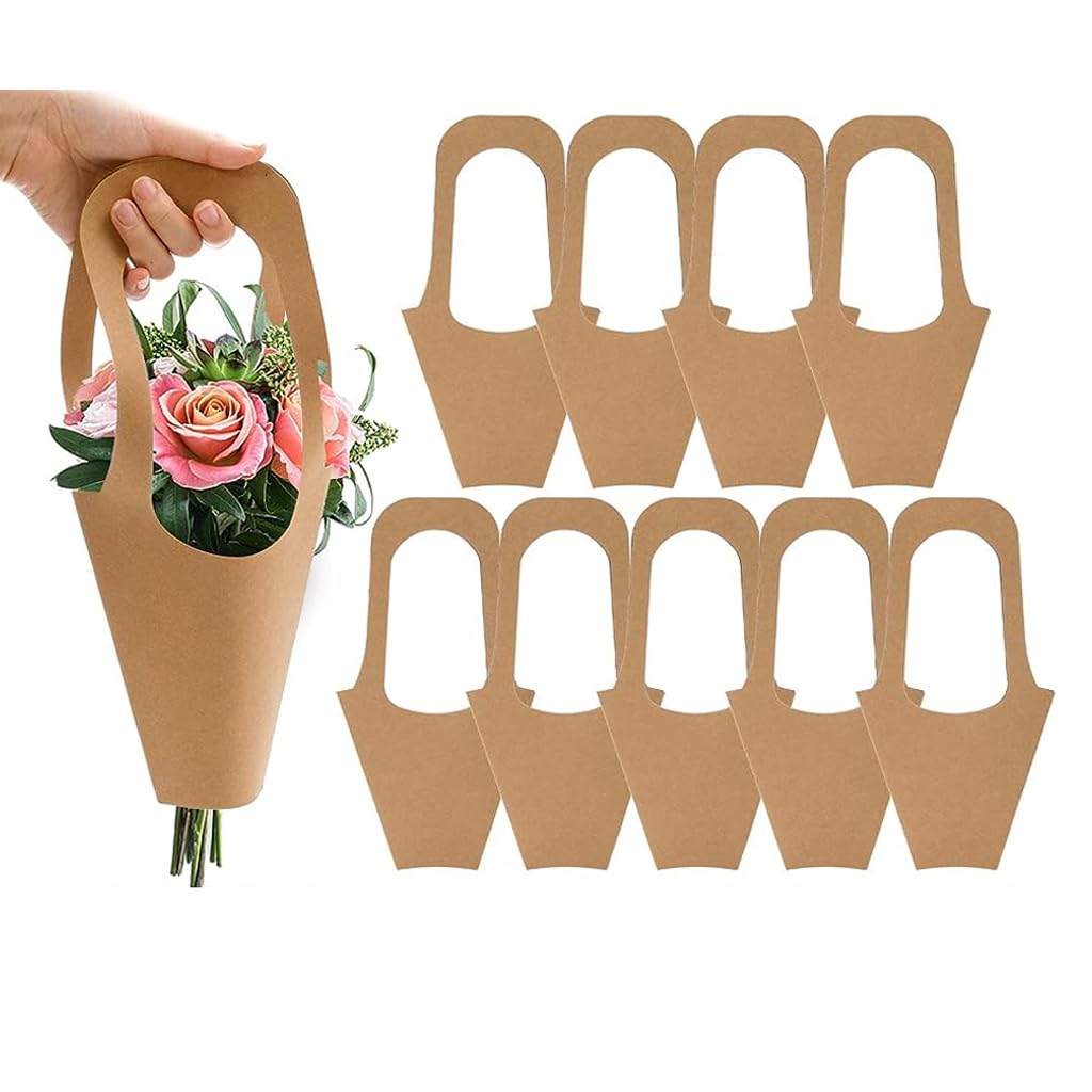 HASTHIP® 10pcs Flower Bouquet Bag with Handle Flowers Gift Wrap Bag Vintage Kraft Paper Flower Bouquet Carry Bag Flower Wrapping Bags for Flower Arrangement, Flower Shop Gift Packing, Home Decoration