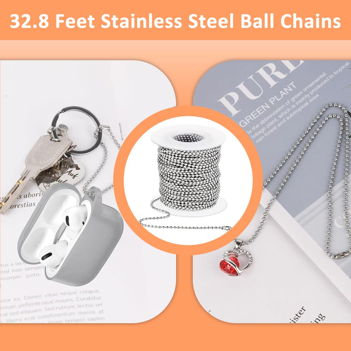 SANNIDHI Bead Chain for DIY Jewelry and Crafts featuring 32ft Length and 2.0mm Stainless Steel | Includes 20 Clasps for Easy Customization