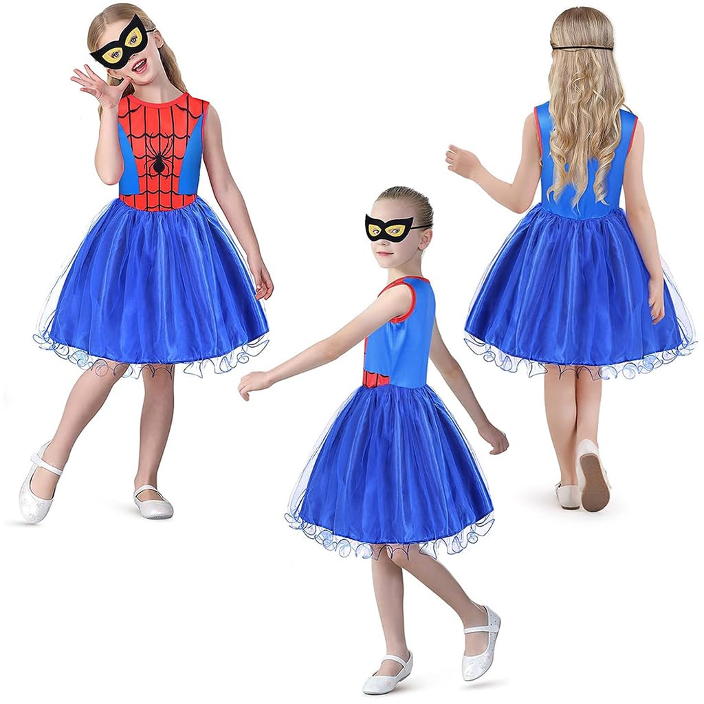 Venzina® Spiderman Costume Suit for Girls, Spider-man Dress with Mask Set, Superhero Spider-Girl Princess Fancy Dress for Kids 3-4 Years Old Cosplay Party