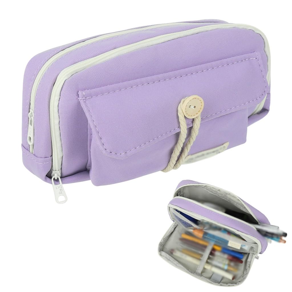 Zibuyu Pencil Pouch for School and Office with Double Layer Zip-Up Design | 21x11x7.5cm Canvas Organizer in Purple