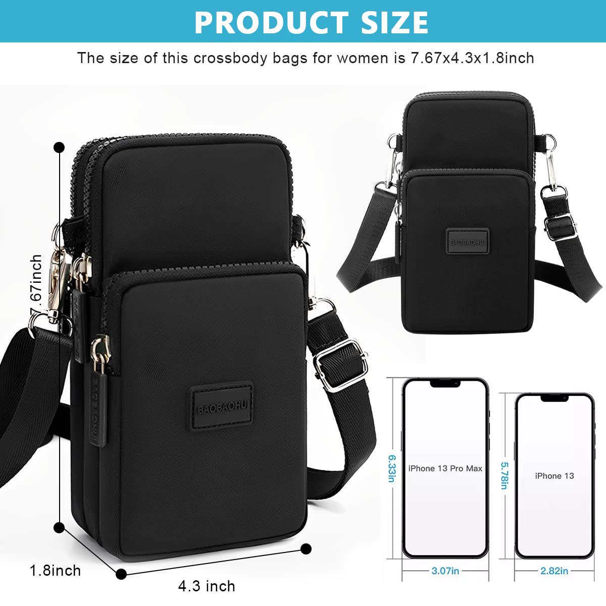 PALAY Small Crossbody Phone Bag for Women with 3 Zipper Layers 19×10×6 cm Oxford Cloth Black