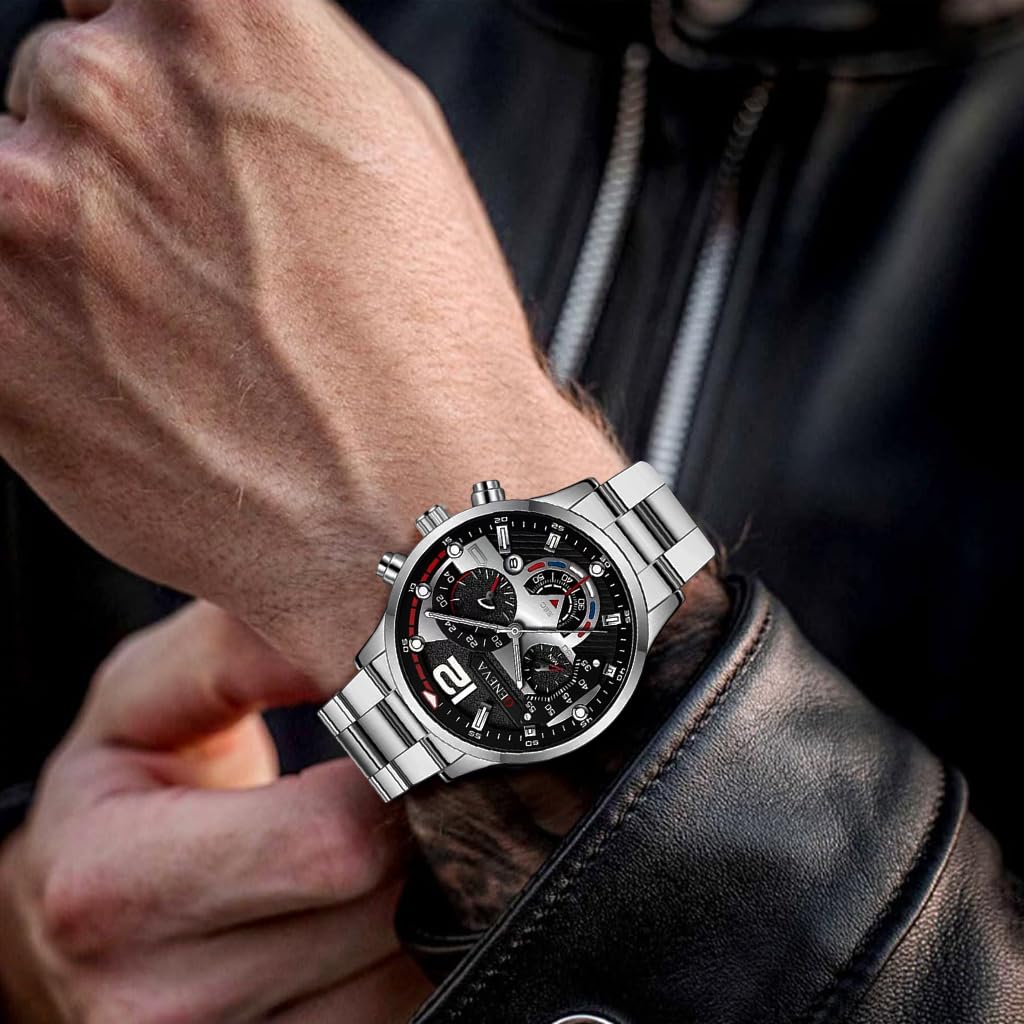 Proberos Watch Bracelet Set for Men with Cross Pendant and Cuban Chain | Alloy Steel Jewelry