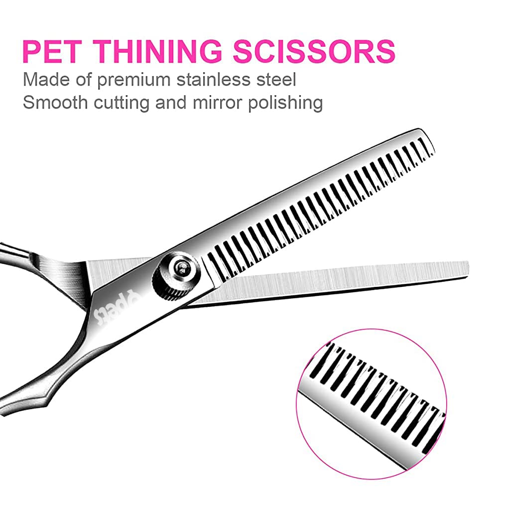 Qpets  Dog Grooming Scissors Kit with Safety Round Tips Stainless Steel Professional Dog Grooming Shears Set - Thinning, Straight, Curved Shears and Comb for Long Short Hair for Dog Cat Pet (4 PCS)