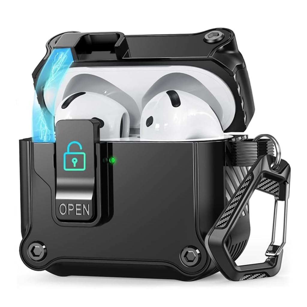 ZORBES Skin Cover for AirPods 4th Gen Charging Case with Safety Lock & Carabiner | Black TPU Anti Scratch Protection