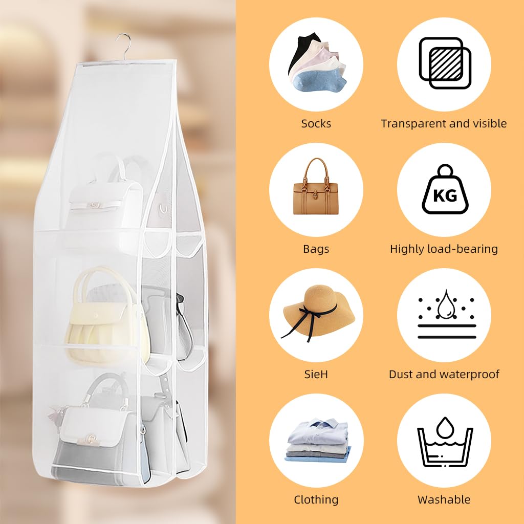 ZIBUYU Bag Organiser for Handbags with 6 Pockets and Hanging Design 90 x 35 cm | Space-Saving Storage for Women