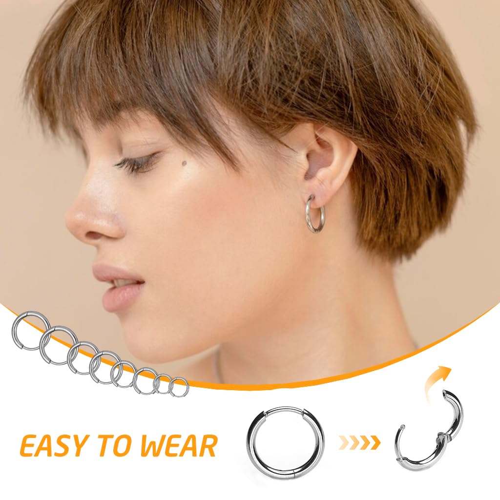 SANNIDHI® 4 Pairs Hoop Earrings for Women Men Stylish Stainless Steel 8mm 10mm 12mm 14mm Cartilage Surgical Hoops Girls Silvercolor 3PCS
