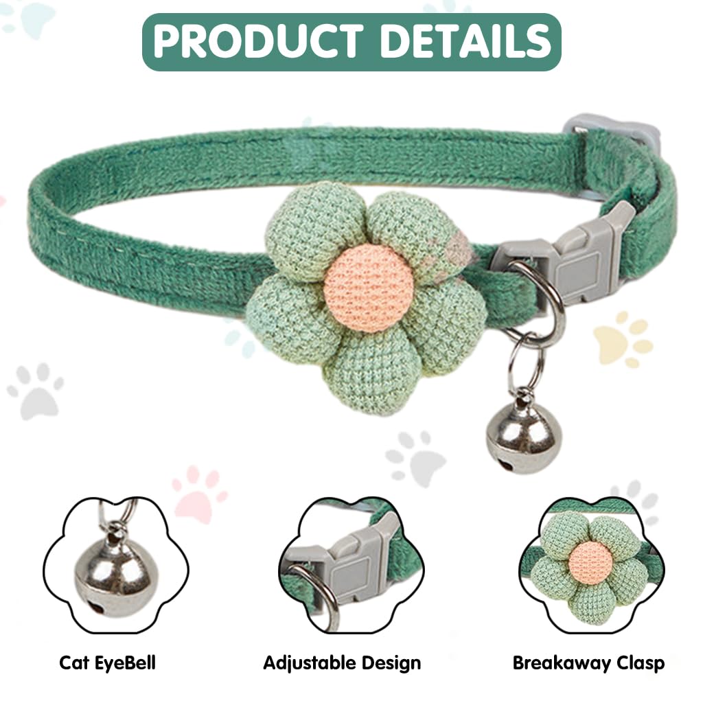 Qpets Cat Collar with Crochet Flower and Bell featuring Quick Release Soft Plush | Green 2PCS