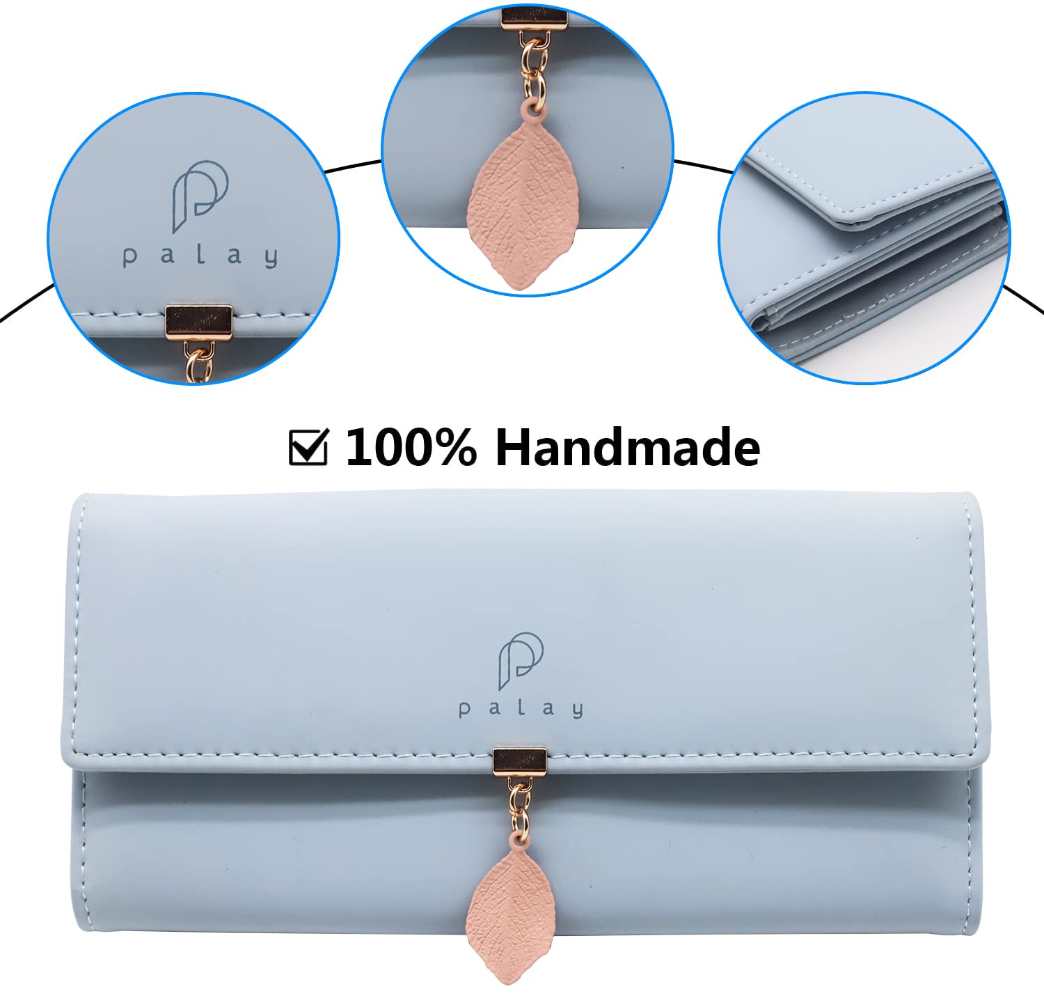 SANNIDHI  Women's PU Leather Long Wallet with Leaf Pendant Card Holders Phone Pocket Girls Zipper Coin Purse (Blue)