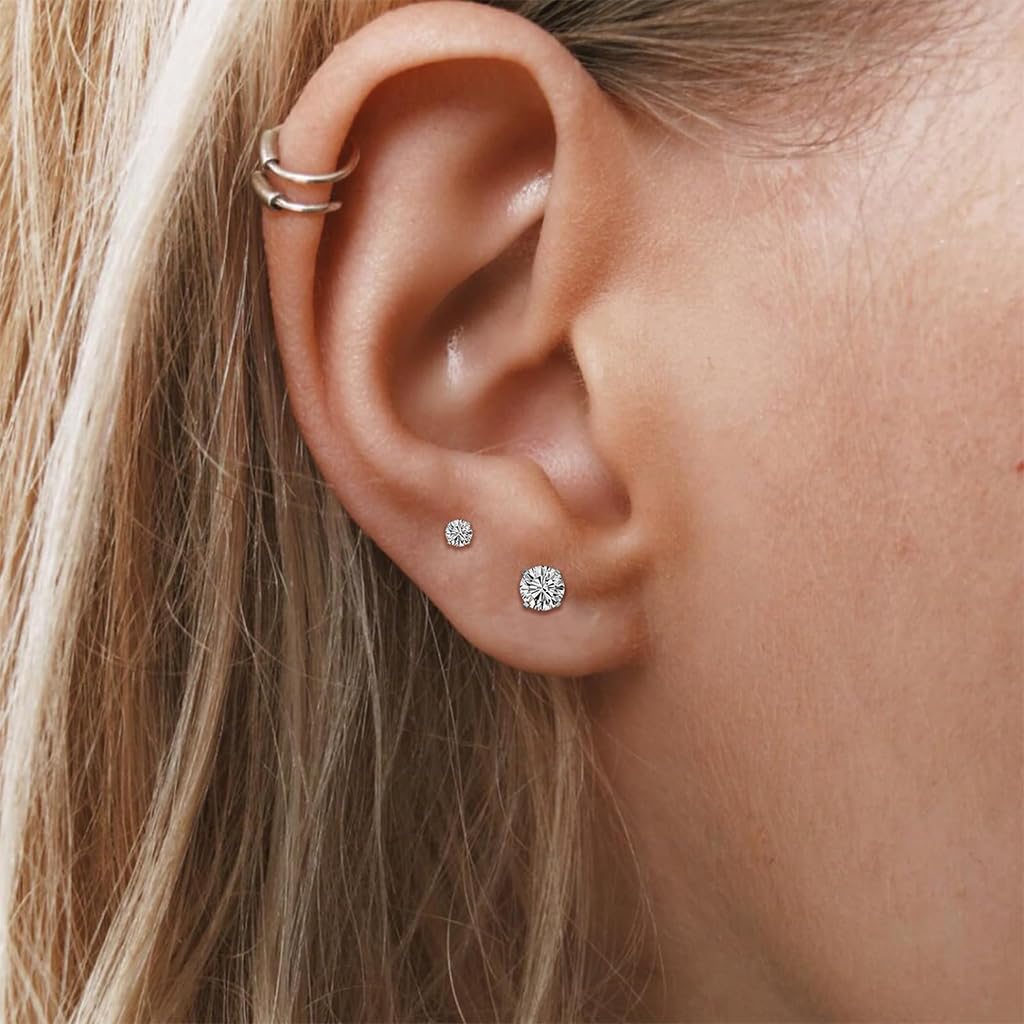 SANNIDHI Earrings for Women featuring 5 Pairs Cubic Zirconia Studs 3–8mm in Silver | Hypoallergenic Stainless Steel