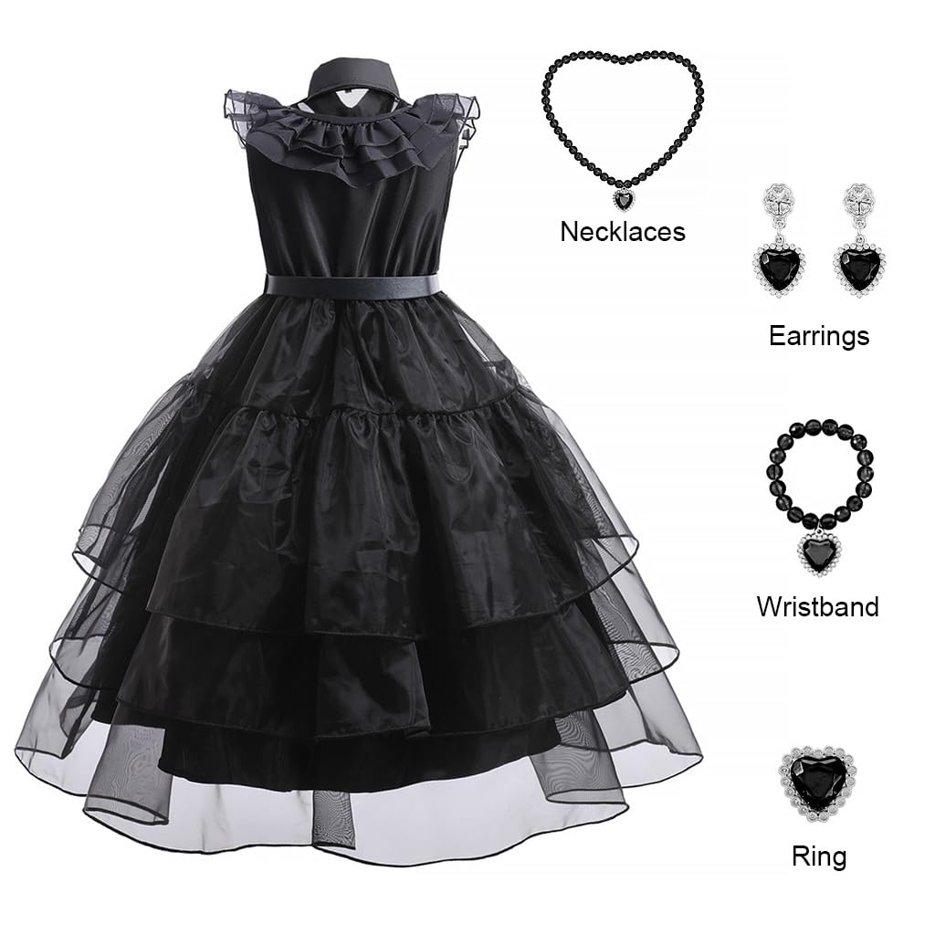 PALAY® Wednesday Addams Dress, Fancy Baby Girls Dress Costume for Kids 3-5 Years Old, with Socks, Necklace, Bracelet, Ring & Earrings Jewelry Set for Party Halloween Cosplay