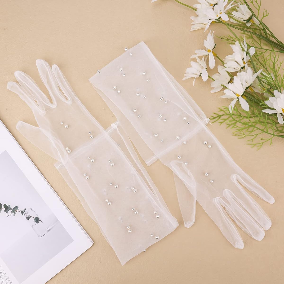 PALAY Wedding Gloves for Bride featuring Elbow Length Lace and Pearls in White Net | Elegant Bridal Accessory