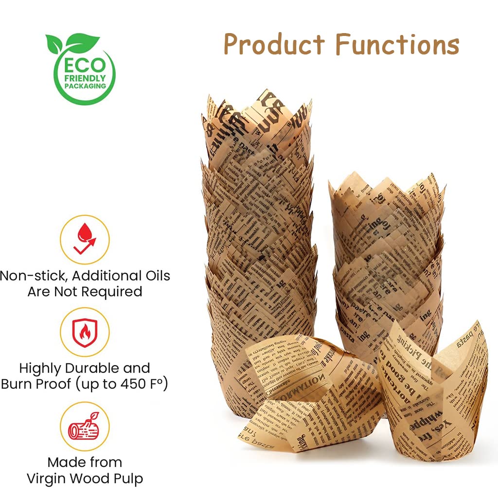 Supvox Cupcake Liner for Baking Weddings and Birthdays featuring 100pcs 5cm Tulip Cups | Natural Newspaper Printed Greaseproof Paper