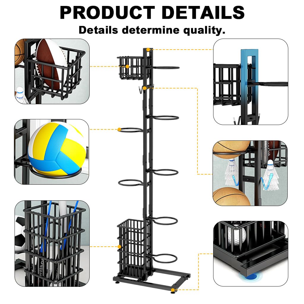 Proberos Ball Stand Organizer for Multi Sport Storage with 7 Brackets and Basket featuring Suction Cup Base | 1.2mm Carbon Steel Frame