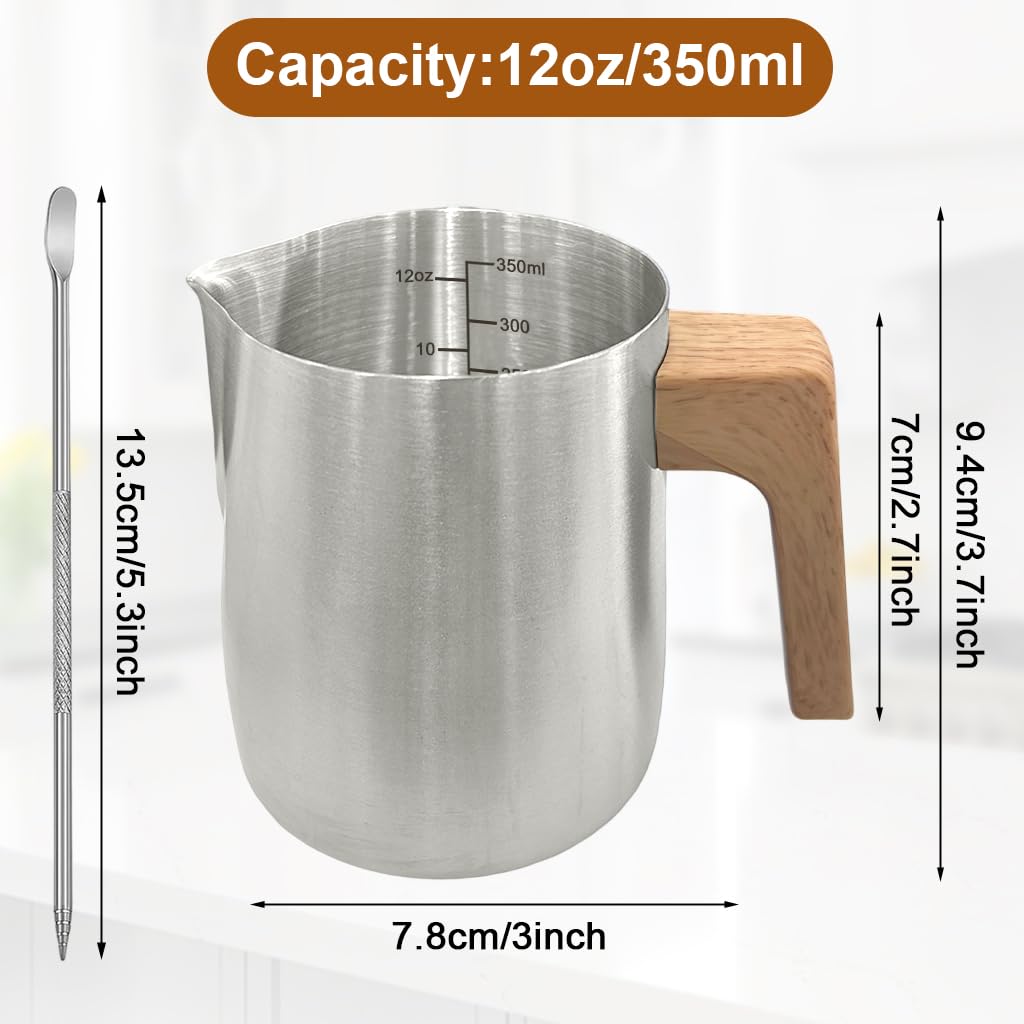 Supvox Milk Frothing Pitcher 350ml with Latte Art Pen featuring V Shape Nozzle & Wood Handle | Stainless Steel Coffee Jug for Barista