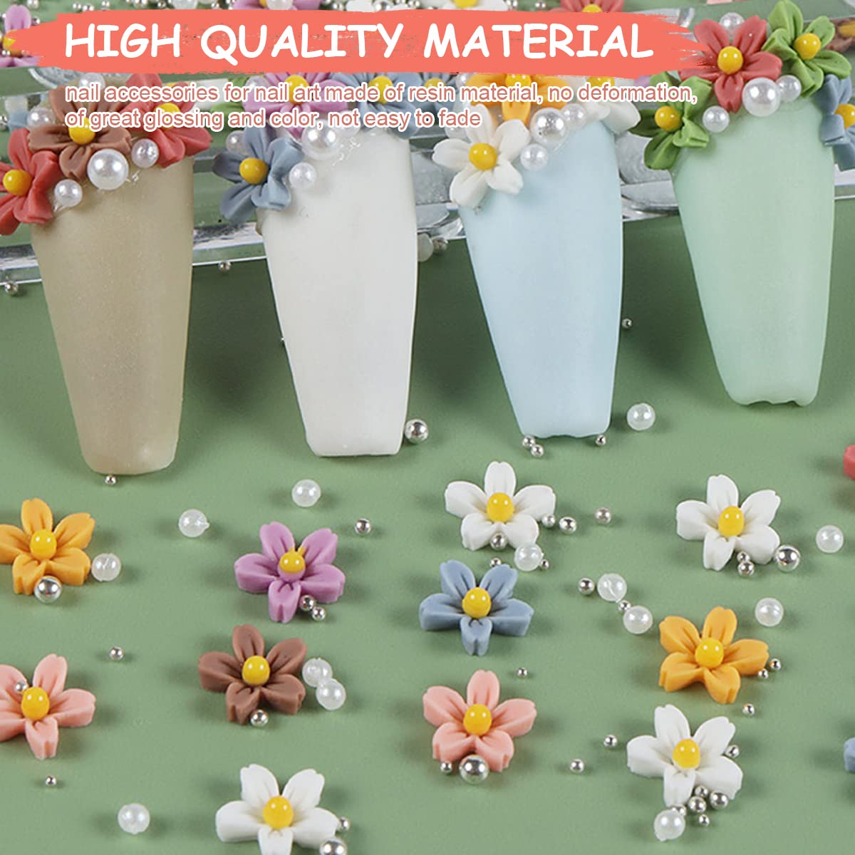 MAYCREATE 3D Flowers for Nail Art Kit with Silver Pearl Beads 8mm Resin Charms for DIY Design