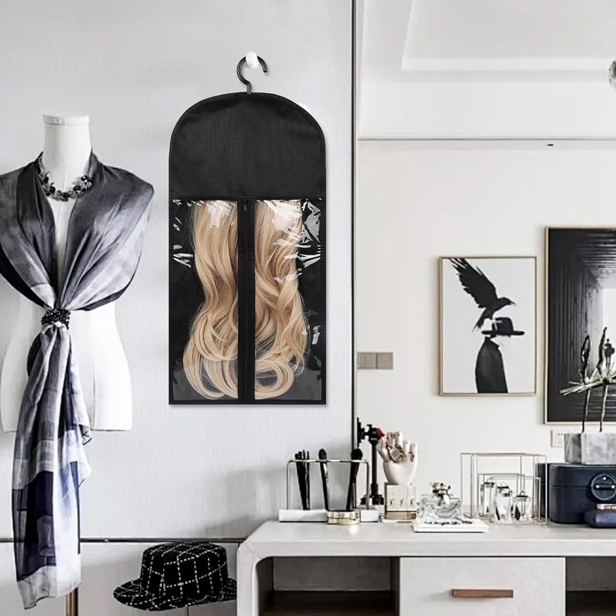 MAYCREATE Hair Extension Carrier Bag for Travel and Storage featuring Clear PVC Zip-up Design 60x29cm | Includes Hanger