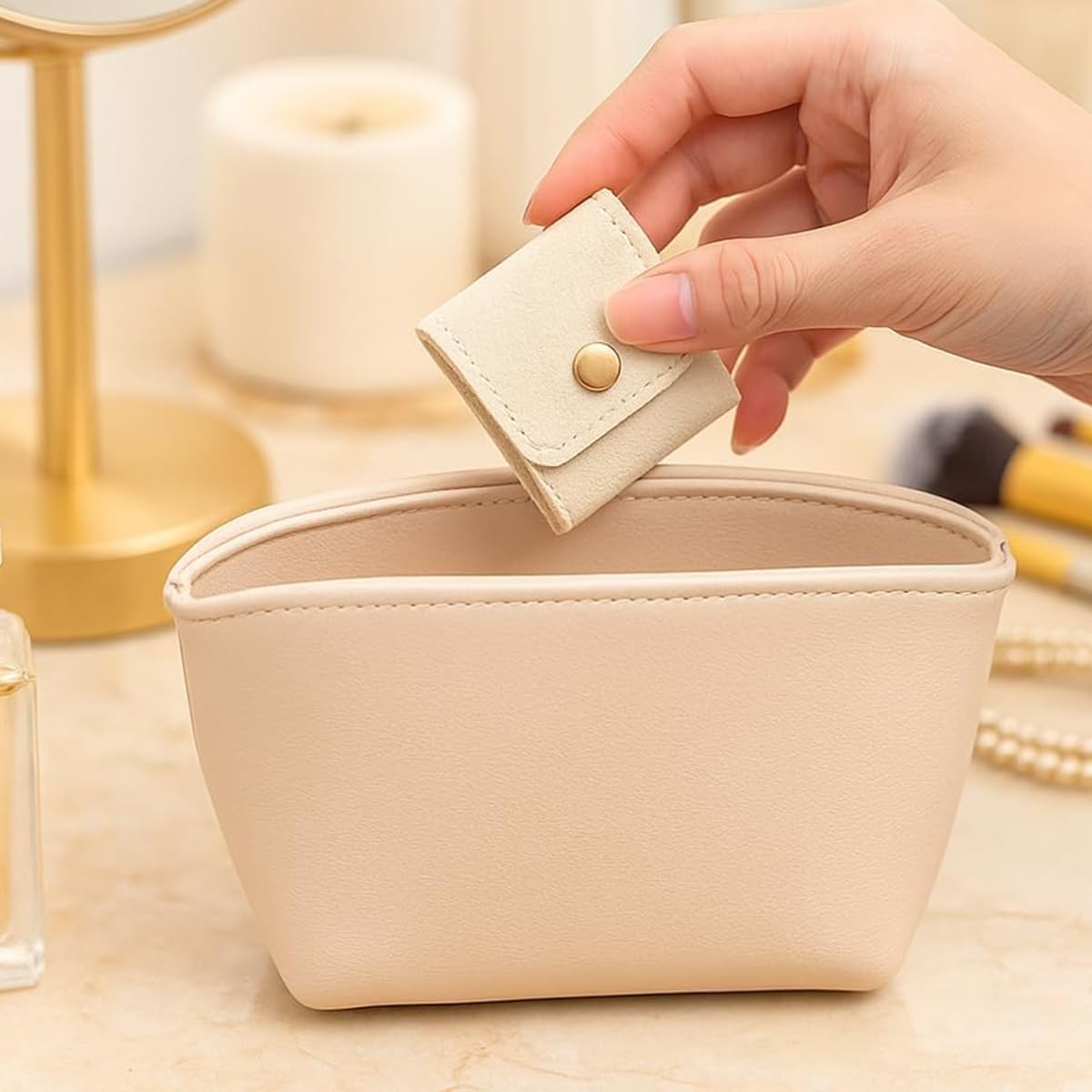 MAYCREATE Jewelry Organizer Pouch for Travel with 4 Compartments and Snap Closure | Beige PU Case