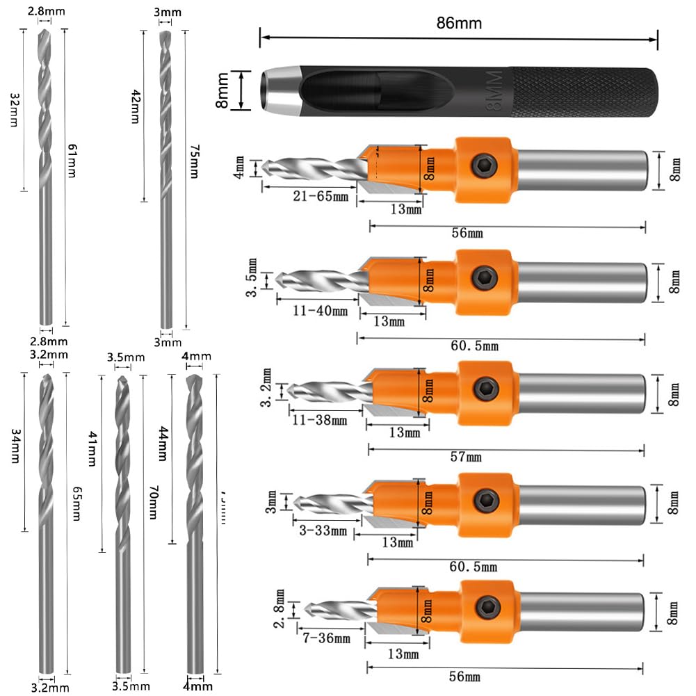Serplex Countersink Drill Bit Set for Woodworking with 10 pcs 8 mm Round Shank | #45 Carbon Steel
