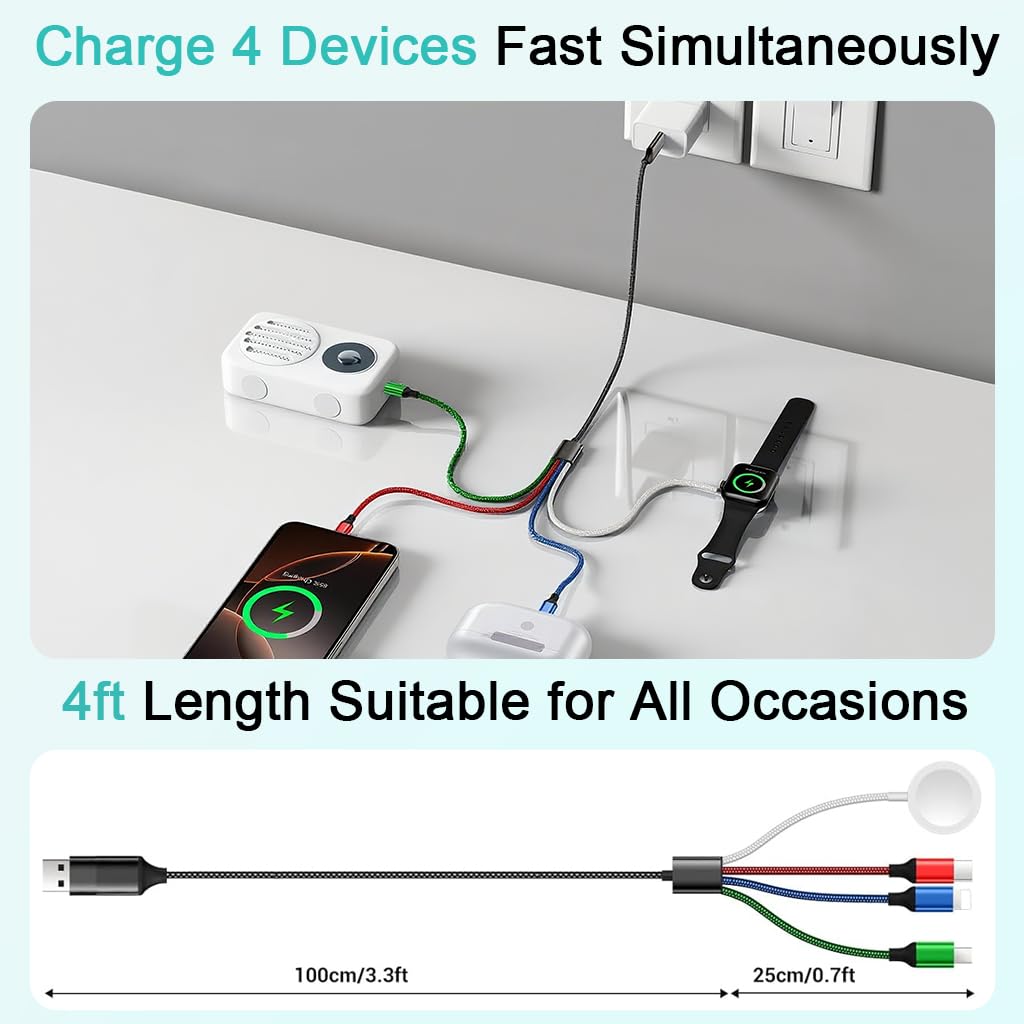 ZORBES 4 in 1 USB C Charging Cable for iPhone and Apple Watch featuring Wireless Charger | Travel Ready Multi Connector Cord