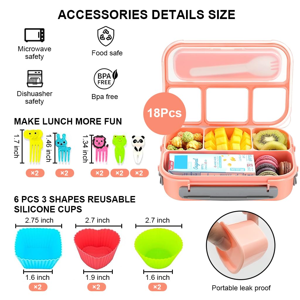 Supvox® Lunch Box for Kids School Bento Box for Kids 4 Compartments Bento Box Fruit Box for Kids to School, with 6 Cups, Kids Fruit Picks, Mini Sauce Box, School Lunch Box for Kids, Pink