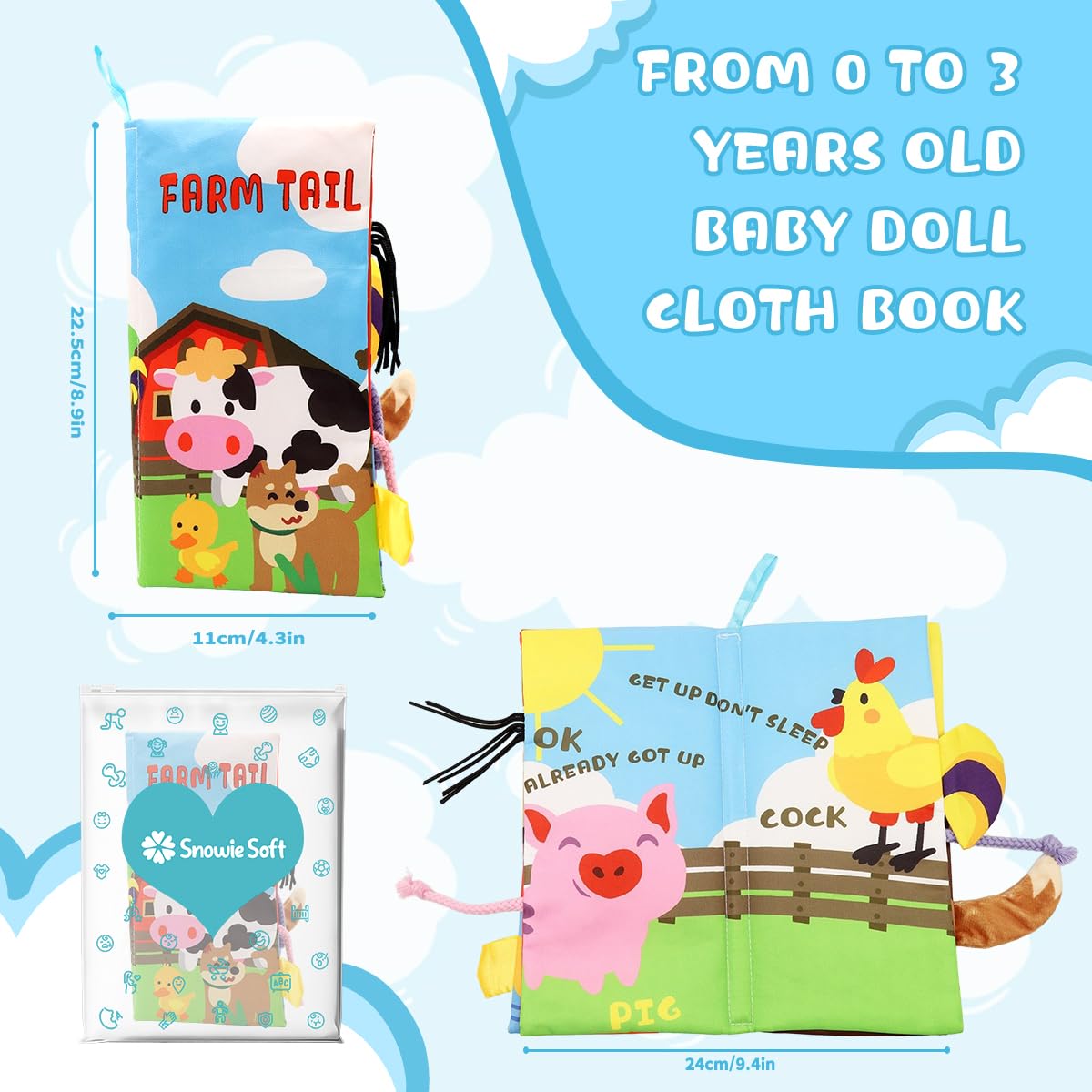 SNOWIE Soft Farm Cloth Books for Babies with 12 Textured Animal Tails & Crinkle Sounds | Early Sensory Learning Toy