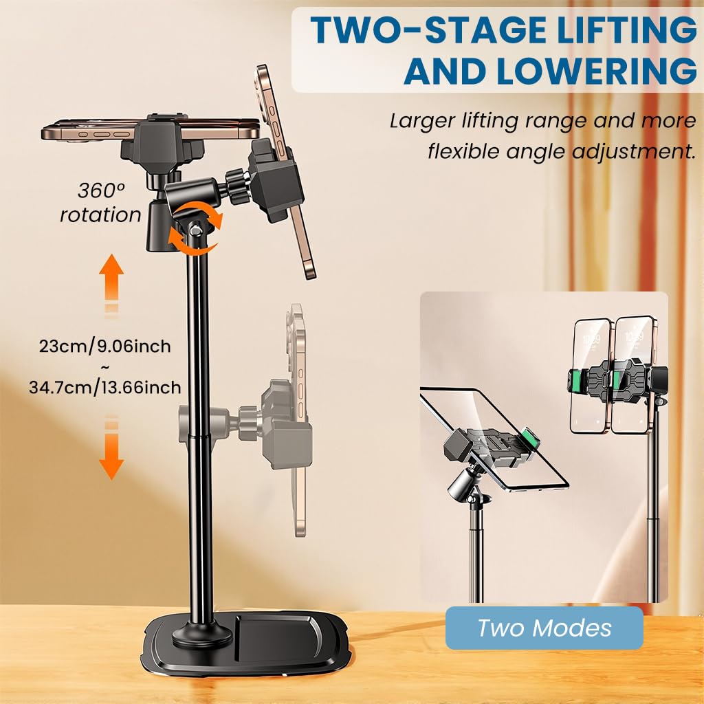 ZORBES Dual Phone Stand for Livestreams with 360° Rotation and Adjustable Height | Carbon Steel Anti Slip Base