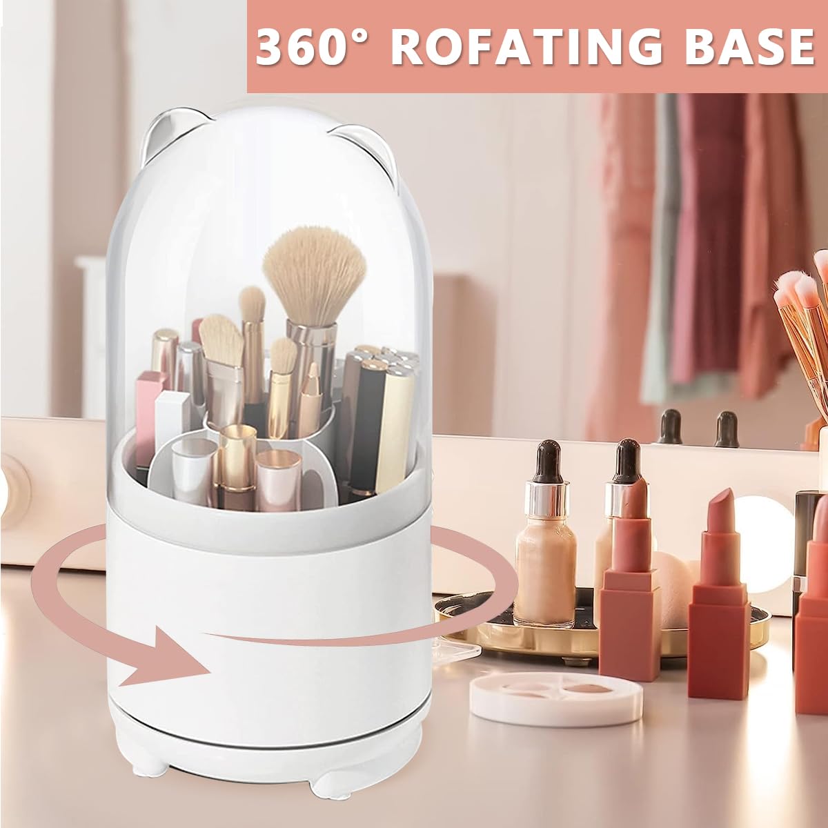 MAYCREATE Makeup Brush Holder Organizer for Vanity with 5 Compartments and 360° Rotating Clear Lid | Dustproof Plastic Storage Stand