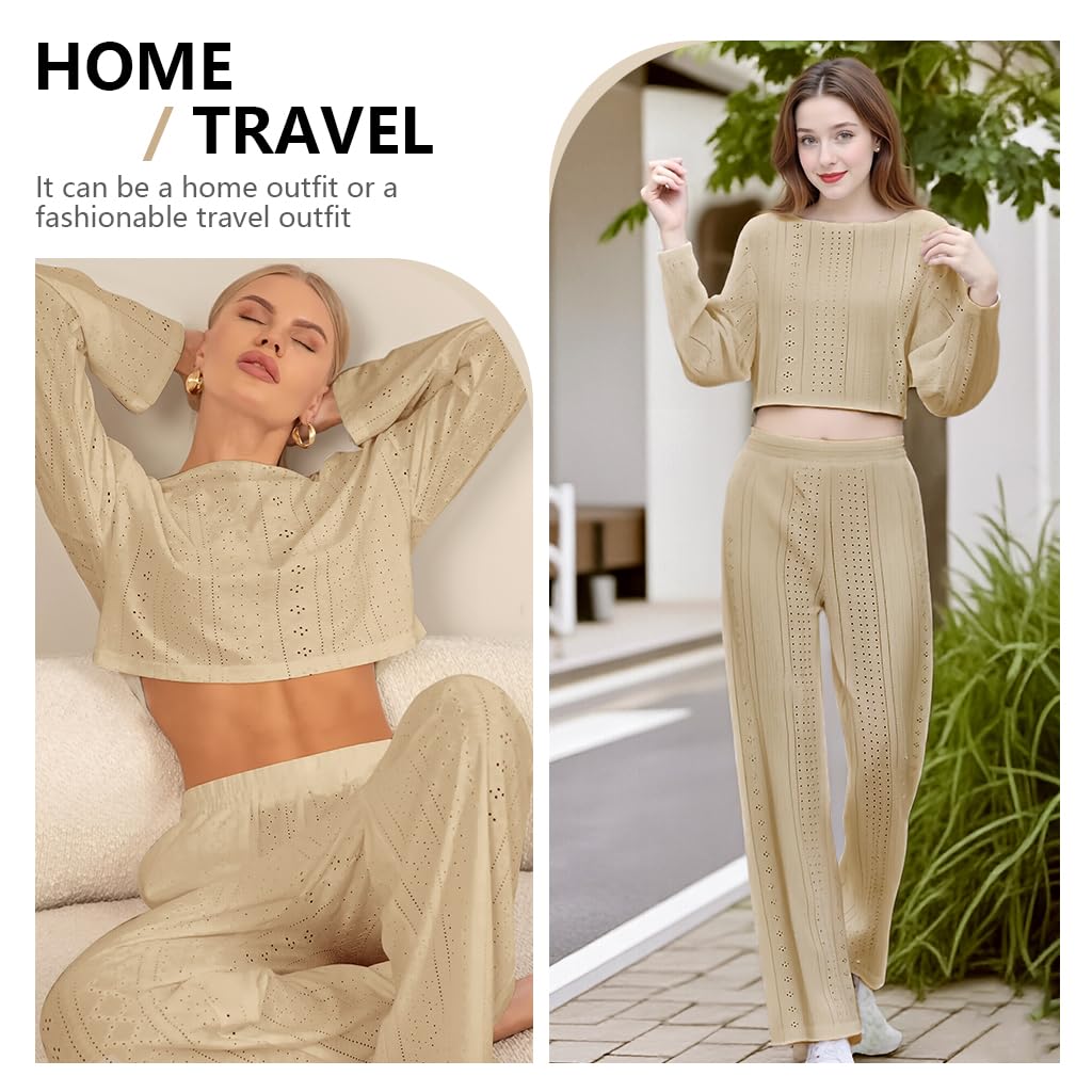 SANNIDHI Womens Lounge Set for Fall and Winter with Pockets and Drawstring | Beige 2 Piece Pajamas